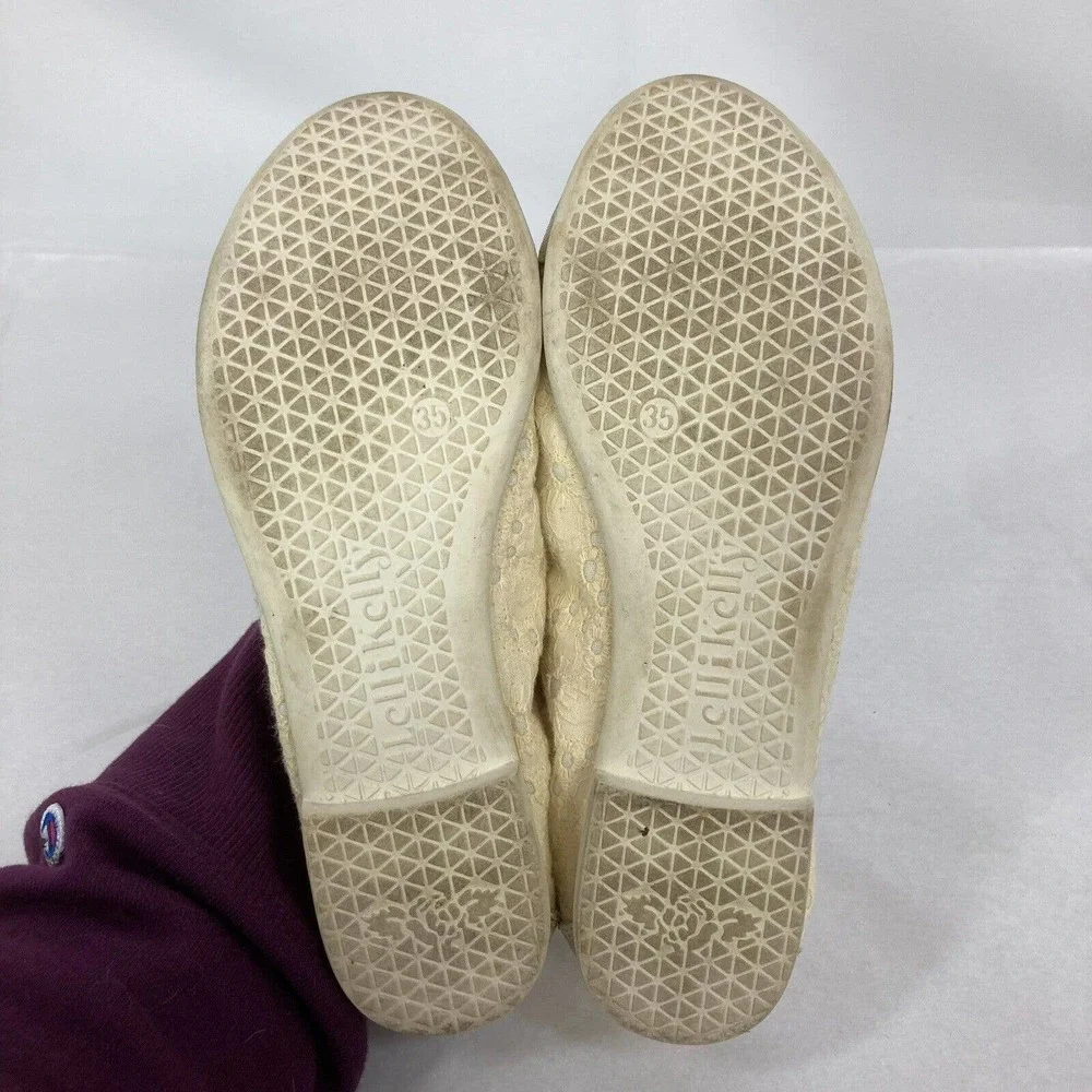 Lelli Kelly‎ Shoes Girls Sz 4.5 Ivory Eyelet Gold Leather Ballet Flats Cap Toe